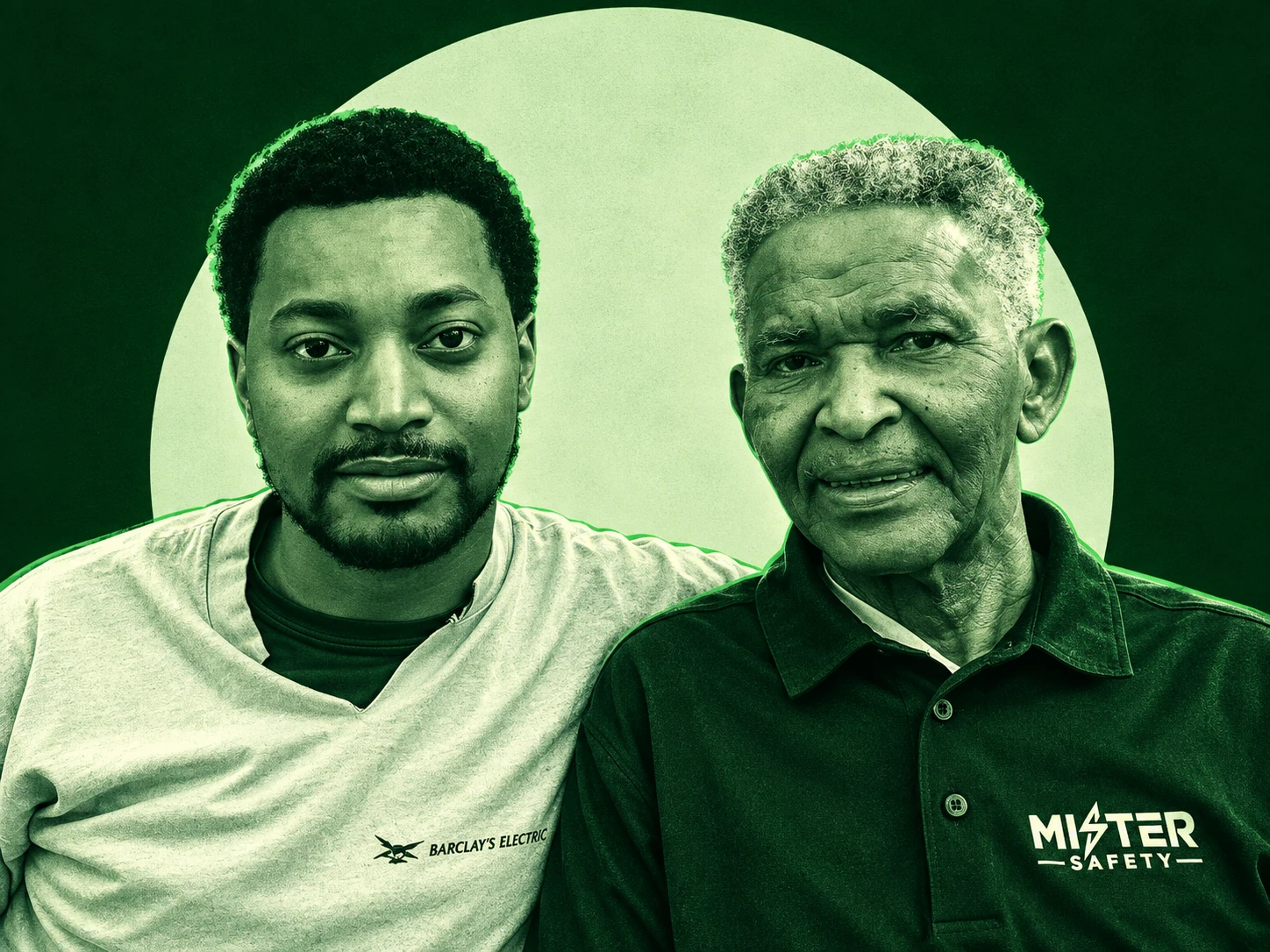 Joshua wearing his grandpa’s Barclay’s Electric shirt, beside Carl Barclay wearing a Mister Safety polo.